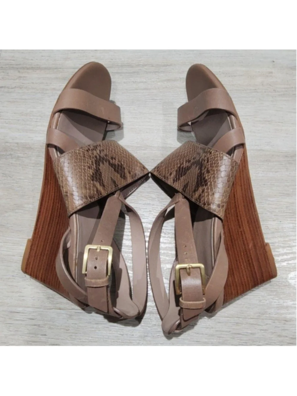 Cole Haan Sandals Womens 7 Brown Leather Wedge Snakeskin Strap Buckle Casual